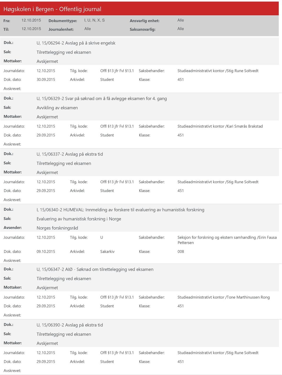 2015 Arkivdel: Student, 15/06337-2 Avslag på ekstra tid Studieadministrativt kontor /Stig Rune Soltvedt Dok. dato: 29.09.