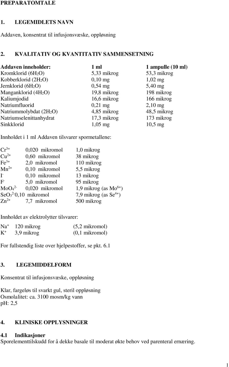 Manganklorid (4H2O) 19,8 mikrog 198 mikrog Kaliumjodid 16,6 mikrog 166 mikrog Natriumfluorid 0,21 mg 2,10 mg Natriummolybdat (2H2O) 4,85 mikrog 48,5 mikrog Natriumselenittanhydrat 17,3 mikrog 173