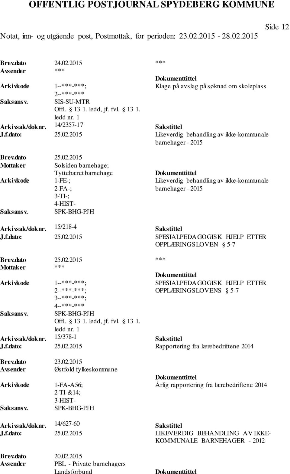 dato 25.02.2015 *** ; SPK-BHG-PJH SPESIALPEDAGOGISK HJELP ETTER OPPLÆRINGSLOVENS 5-7 Arkivsak/doknr. 15/378-1 Sakstittel J.f.dato: 25.02.2015 Rapportering fra lærebedriftene 2014 Brev.dato 23.02.2015 Avsender Østfold fylkeskommune 1-FA-A56; 2-TI-&14; SPK-BHG-PJH Årlig rapportering fra lærebedriftene 2014 Arkivsak/doknr.