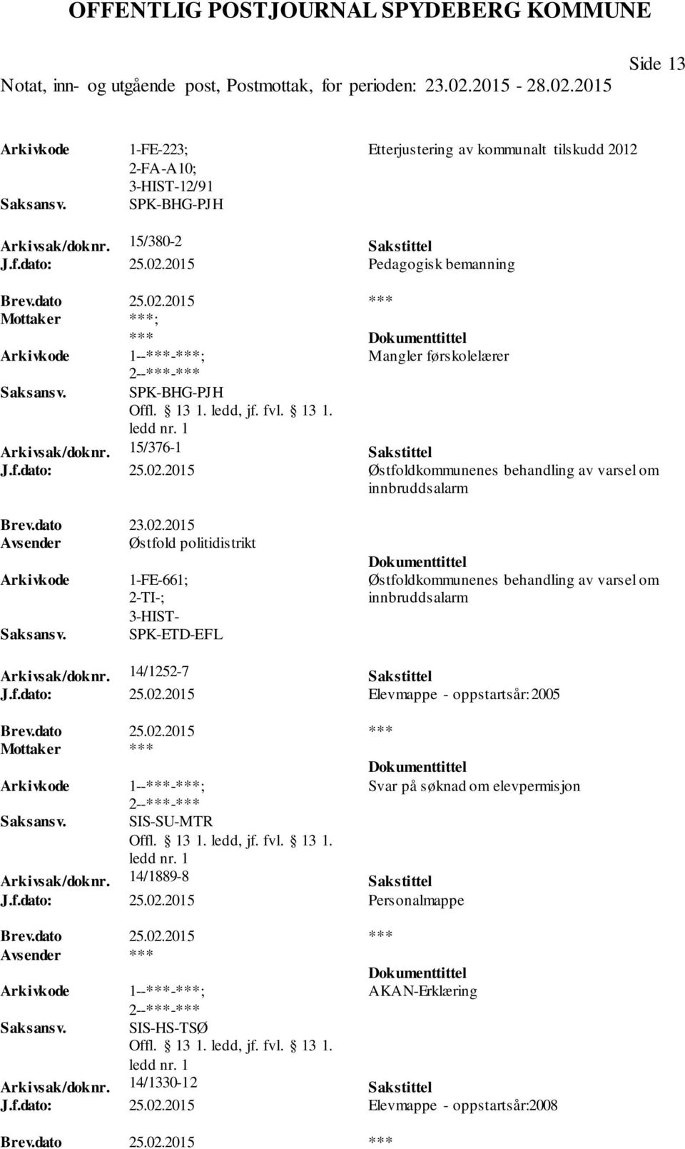 dato 23.02.2015 Avsender Østfold politidistrikt 1-FE-661; 2-TI-; SPK-ETD-EFL Østfoldkommunenes behandling av varsel om innbruddsalarm Arkivsak/doknr. 14/1252-7 Sakstittel J.f.dato: 25.02.2015 Elevmappe - oppstartsår: 2005 Brev.