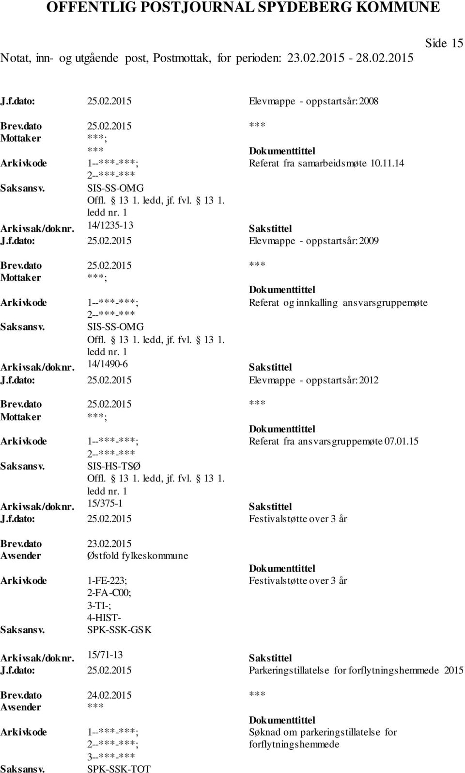 01.15 SIS-HS-TSØ Arkivsak/doknr. 15/375-1 Sakstittel J.f.dato: 25.02.2015 Festivalstøtte over 3 år Brev.dato 23.02.2015 Avsender Østfold fylkeskommune 1-FE-223; 2-FA-C00; SPK-SSK-GSK Festivalstøtte over 3 år Arkivsak/doknr.