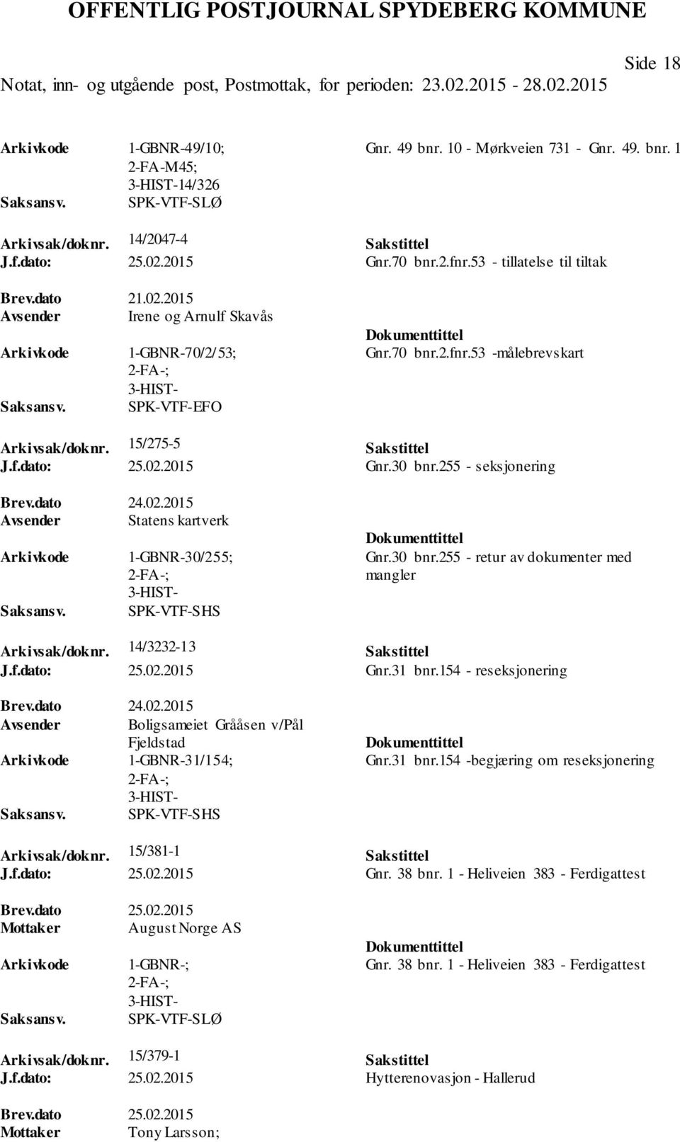 30 bnr.255 - seksjonering Brev.dato 24.02.2015 Avsender Statens kartverk 1-GBNR-30/255; SPK-VTF-SHS Gnr.30 bnr.255 - retur av dokumenter med mangler Arkivsak/doknr. 14/3232-13 Sakstittel J.f.dato: 25.