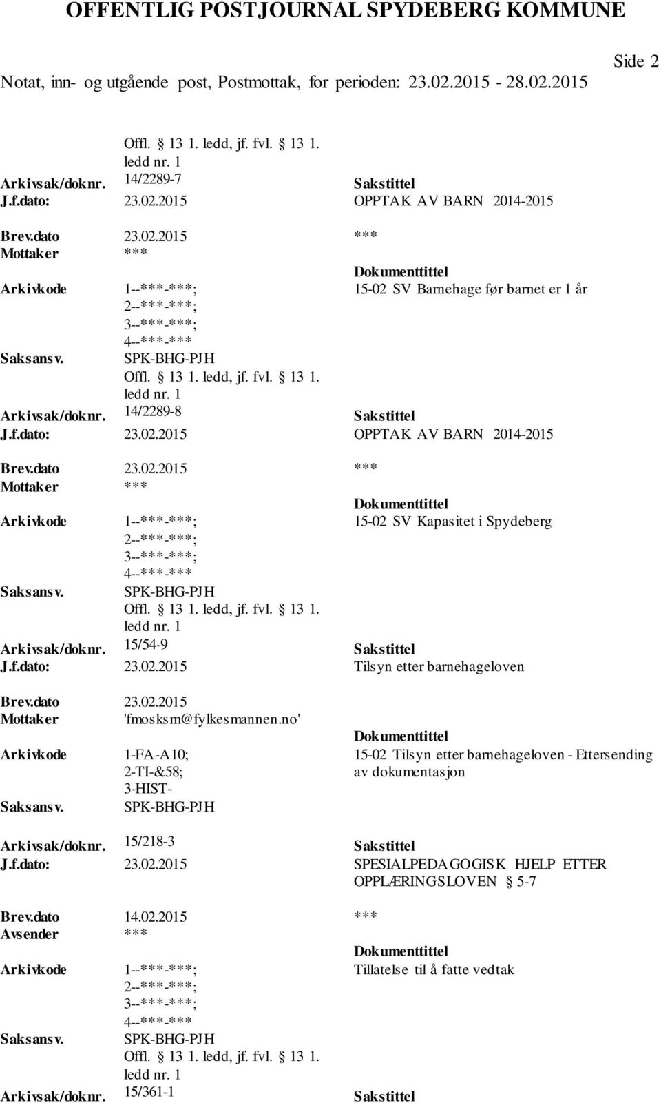 dato 23.02.2015 Mottaker 'fmosksm@fylkesmannen.no' 1-FA-A10; 2-TI-&58; SPK-BHG-PJH 15-02 Tilsyn etter barnehageloven - Ettersending av dokumentasjon Arkivsak/doknr. 15/218-3 Sakstittel J.f.dato: 23.