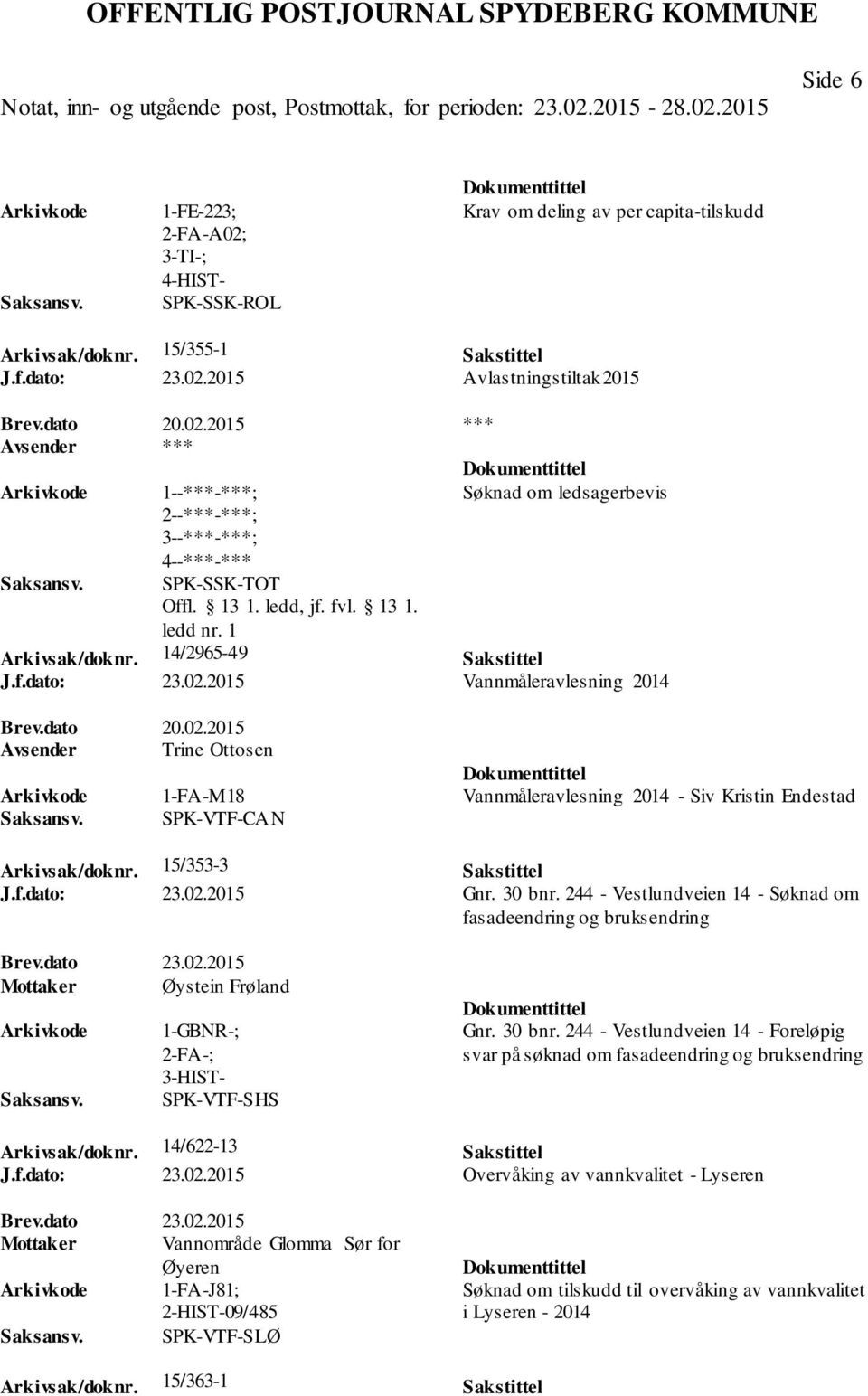 15/353-3 Sakstittel J.f.dato: 23.02.2015 Gnr. 30 bnr. 244 - Vestlundveien 14 - Søknad om fasadeendring og bruksendring Brev.dato 23.02.2015 Mottaker Øystein Frøland 1-GBNR-; SPK-VTF-SHS Gnr. 30 bnr. 244 - Vestlundveien 14 - Foreløpig svar på søknad om fasadeendring og bruksendring Arkivsak/doknr.