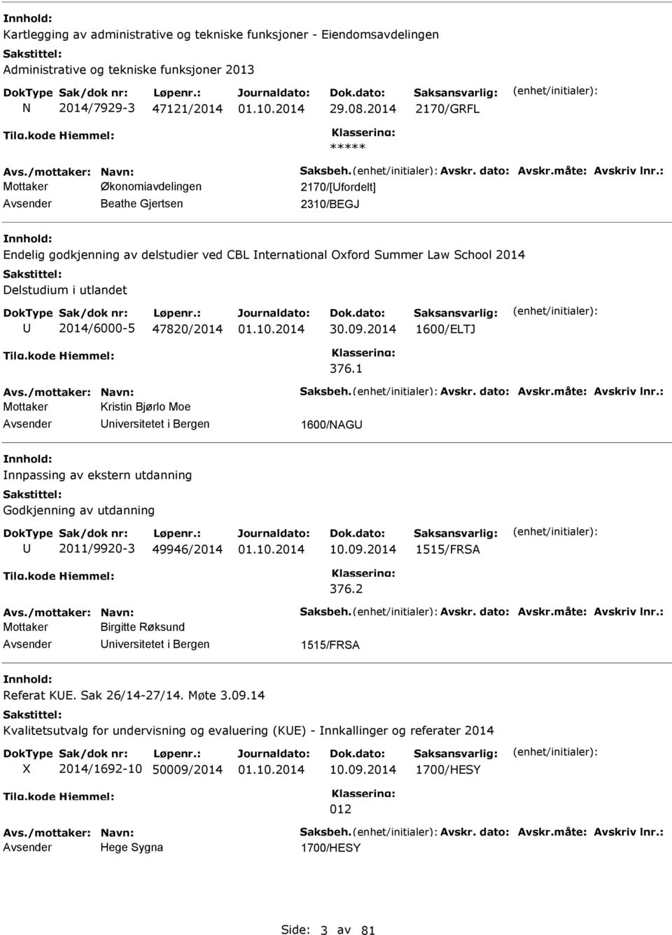 : Mottaker Økonomiavdelingen 2170/[fordelt] Beathe Gjertsen 2310/BEGJ Endelig godkjenning av delstudier ved CBL nternational Oxford Summer Law School 2014 Delstudium i utlandet 2014/6000-5 47820/2014