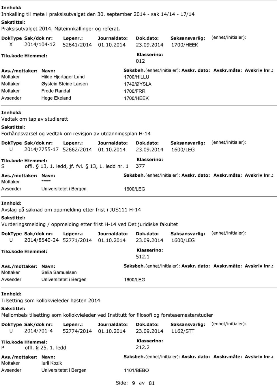 : Mottaker Hilde Hjertager Lund 1700/HLL Mottaker Øystein Steine Larsen 1742/ØYSLA Mottaker Frode Randal 1700/FRR Hege Ekeland 1700/HEEK Vedtak om tap av studierett Forhåndsvarsel og vedtak om