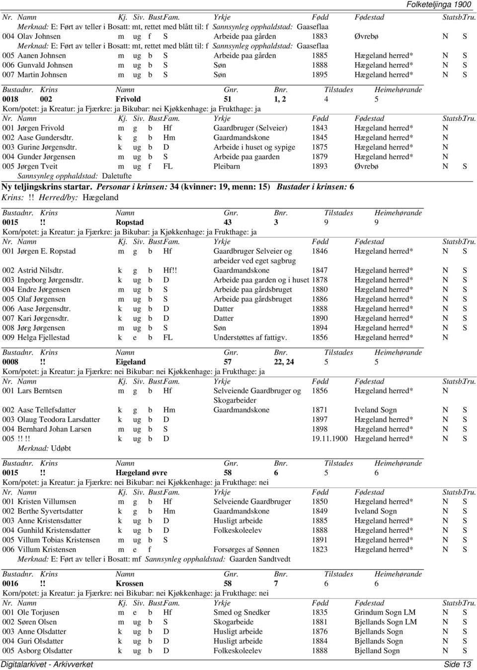 Martin Johnsen m ug b S Søn 1895 Hægeland N S 0018 002 Frivold 51 1, 2 4 5 Korn/potet: ja Kreatur: ja Fjærkre: ja Bikubar: nei Kjøkkenhage: ja Frukthage: ja 001 Jørgen Frivold m g b Hf Gaardbruger