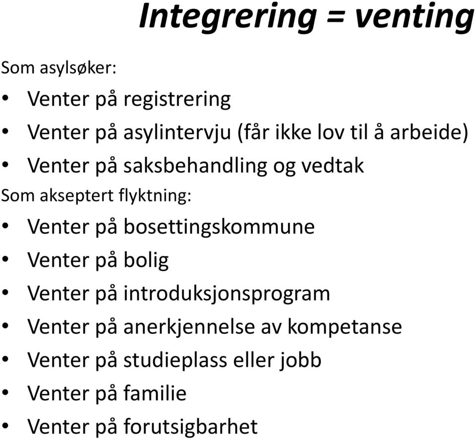 Venter på bosettingskommune Venter på bolig Venter på introduksjonsprogram Venter på