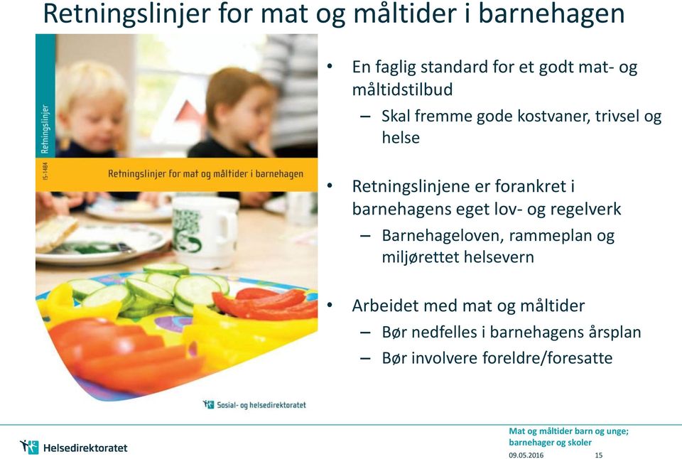 Barnehageloven, rammeplan og miljørettet helsevern Arbeidet med mat og måltider Bør nedfelles i