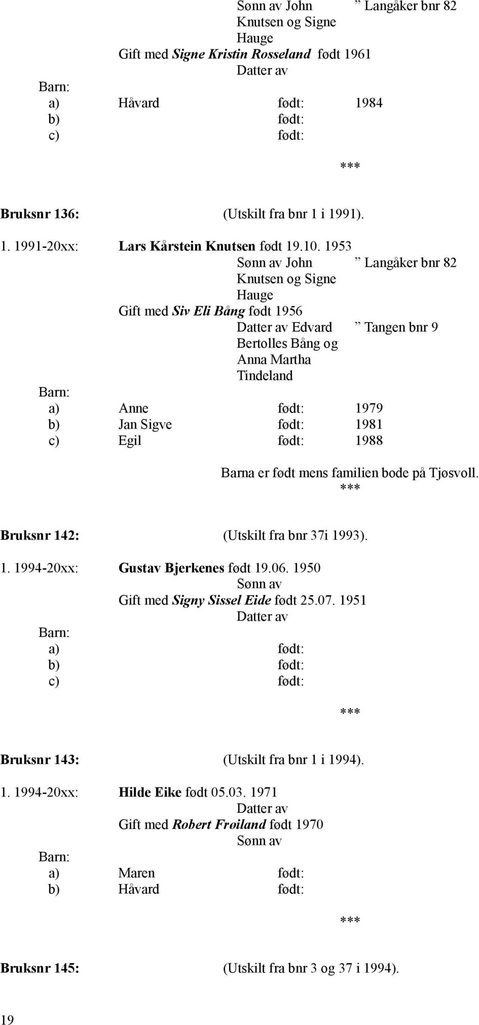 Tangen bnr 9 Barna er født mens familien bode på Tjøsvoll. Bruksnr 142: (Utskilt fra bnr 37i 1993). 1. 1994-20xx: Gustav Bjerkenes født 19.06. 1950 Gift med Signy Sissel Eide født 25.07.