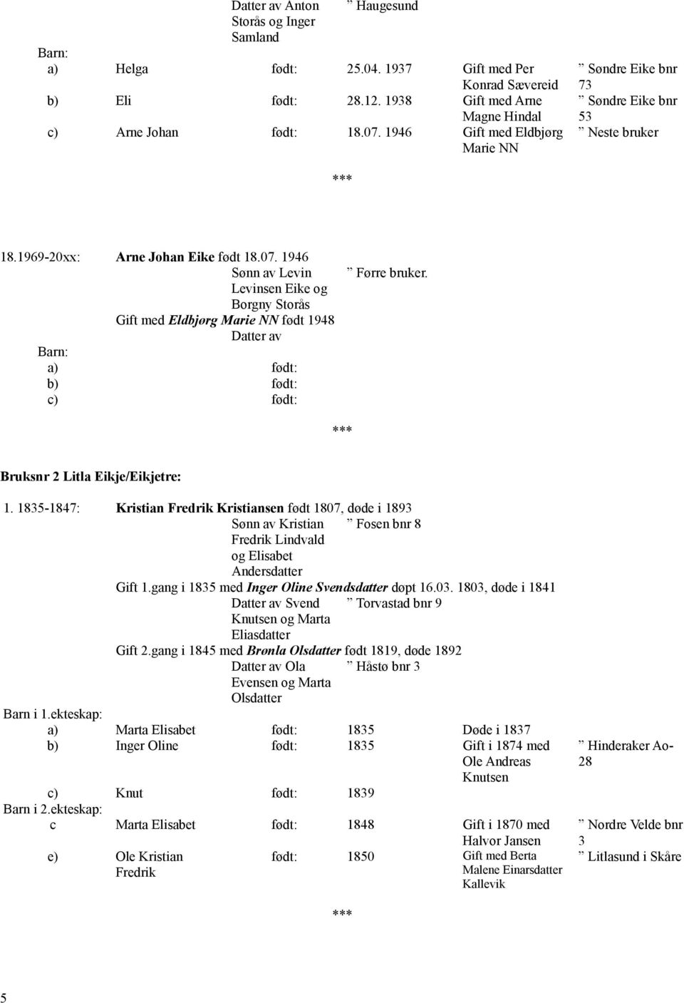 1946 Levin Levinsen Eike og Borgny Storås Gift med Eldbjørg Marie NN født 1948 Førre bruker. Bruksnr 2 Litla Eikje/Eikjetre: 1.