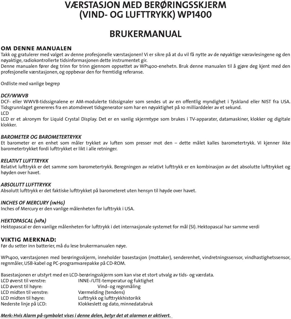 VÆRSTASJON MED BERØRINGSSKJERM (VIND- OG LUFTTRYKK) WP1400 BRUKERMANUAL -  PDF Free Download