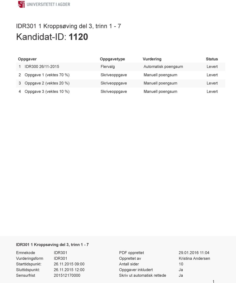 Manuell poengsum Levert IDR301 1 Kroppsøving del 3, trinn 1-7 Emnekode IDR301 Vurderingsform IDR301 Starttidspunkt: 26.11.