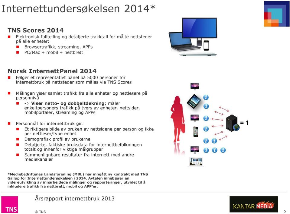 -> Viser netto- og dobbeltdekning; måler enkeltpersoners trafikk på tvers av enheter, nettsider, mobilportaler, streaming og APPs Personmål for internettbruk gir: Et riktigere bilde av bruken av