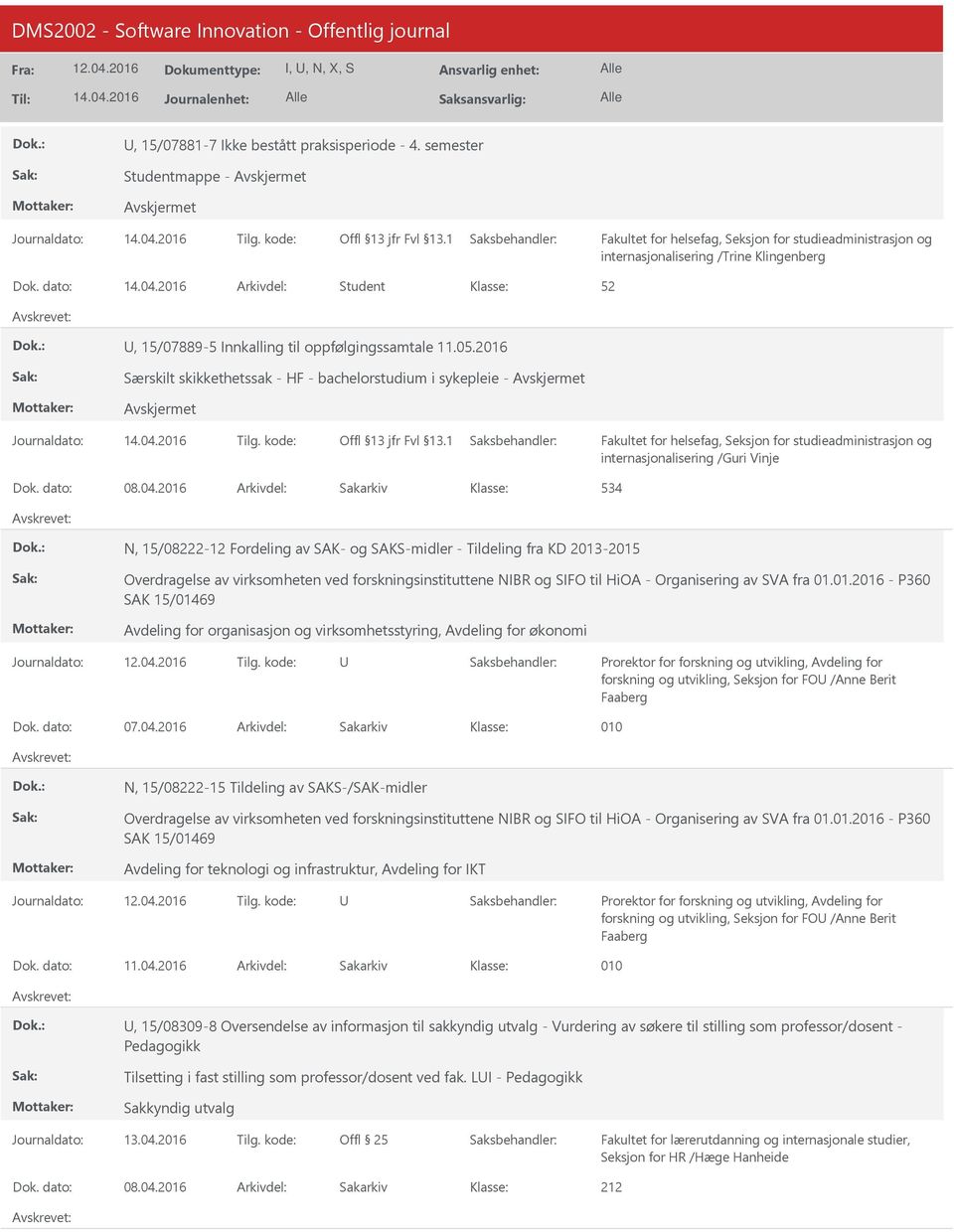 2016 534 N, 15/08222-12 Fordeling av SAK- og SAKS-midler - Tildeling fra KD 2013-2015 Overdragelse av virksomheten ved forskningsinstituttene NIBR og SIFO til HiOA - Organisering av SVA fra 01.01.2016 - P360 SAK 15/01469 for økonomi Prorektor for forskning og utvikling, Avdeling for forskning og utvikling, Seksjon for FO /Anne Berit Faaberg 07.