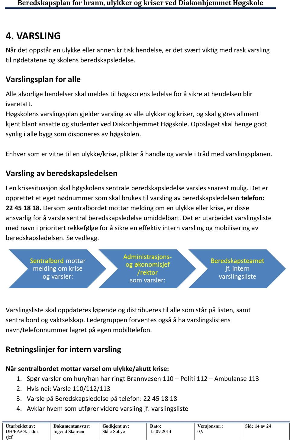 Varslingsplan for alle Alle alvorlige hendelser skal meldes til høgskolens ledelse for å sikre at hendelsen blir ivaretatt.