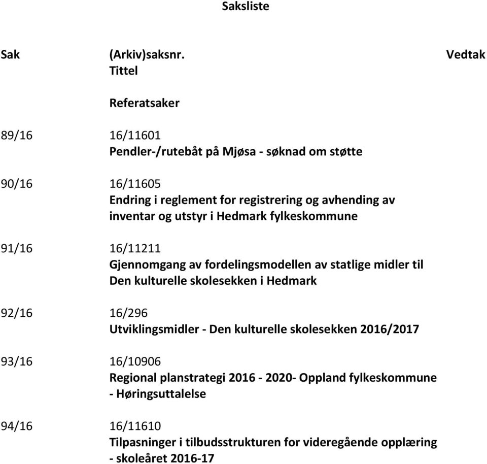 avhending av inventar og utstyr i Hedmark fylkeskommune 91/16 16/11211 Gjennomgang av fordelingsmodellen av statlige midler til Den kulturelle