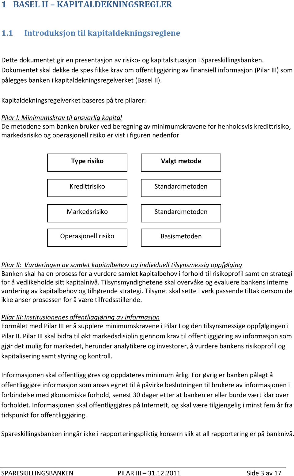 Kapitaldekningsregelverket baseres på tre pilarer: Pilar I: Minimumskrav til ansvarlig kapital De metodene som banken bruker ved beregning av minimumskravene for henholdsvis kredittrisiko,