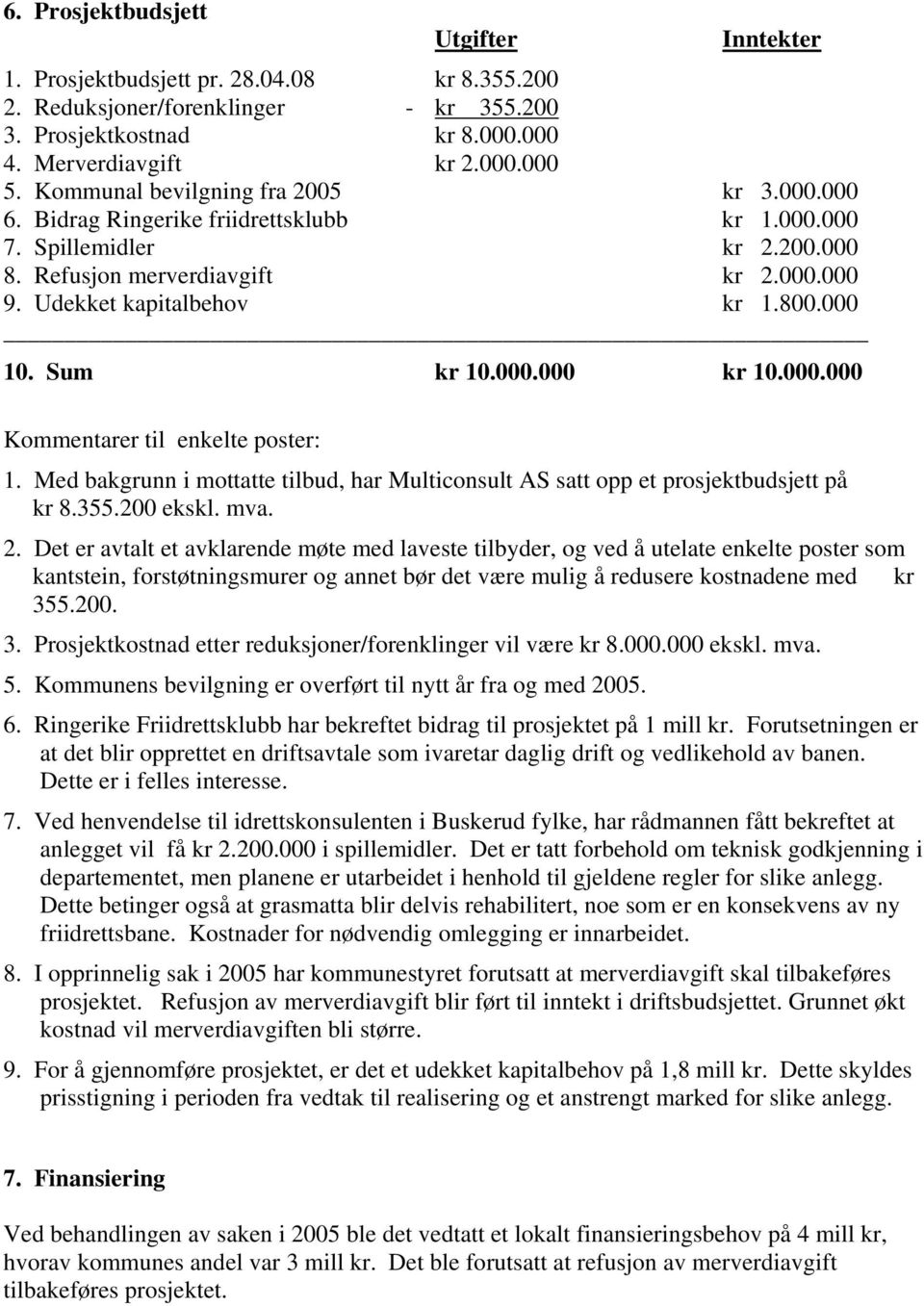 Sum kr 10.000.000 kr 10.000.000 Kommentarer til enkelte poster: 1. Med bakgrunn i mottatte tilbud, har Multiconsult AS satt opp et prosjektbudsjett på kr 8.355.200 ekskl. mva. 2.