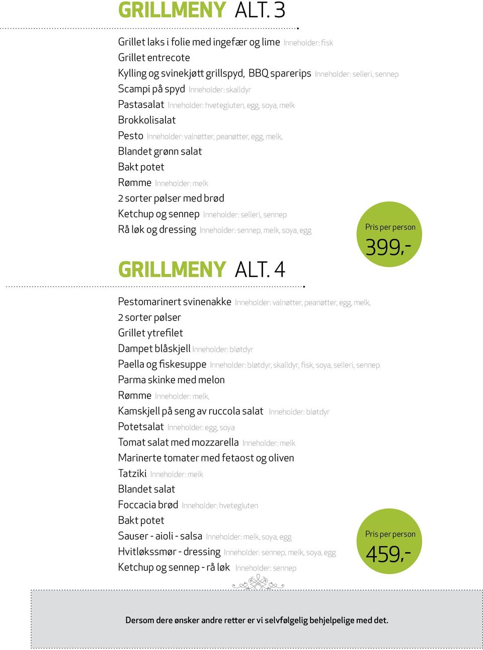 Inneholder: hvetegluten, egg, soya, melk Brokkolisalat Pesto Inneholder: valnøtter, peanøtter, egg, melk, Blandet grønn salat Bakt potet Rømme Inneholder: melk 2 sorter pølser med brød Ketchup og