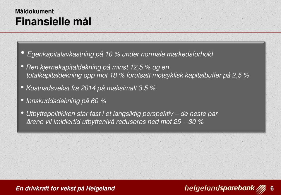 kapitalbuffer på 2,5 % Kostnadsvekst fra 2014 på maksimalt 3,5 % Innskuddsdekning på 60 %