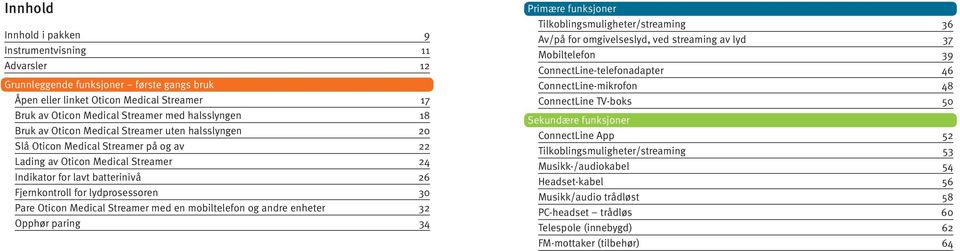 Pare Oticon Medical Streamer med en mobiltelefon og andre enheter 32 Opphør paring 34 Primære funksjoner Tilkoblingsmuligheter/streaming 36 Av/på for omgivelseslyd, ved streaming av lyd 37