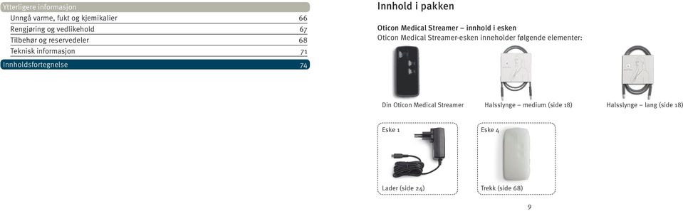 Medical Streamer-esken inneholder følgende elementer: Innholdsfortegnelse 74 Din Oticon Medical