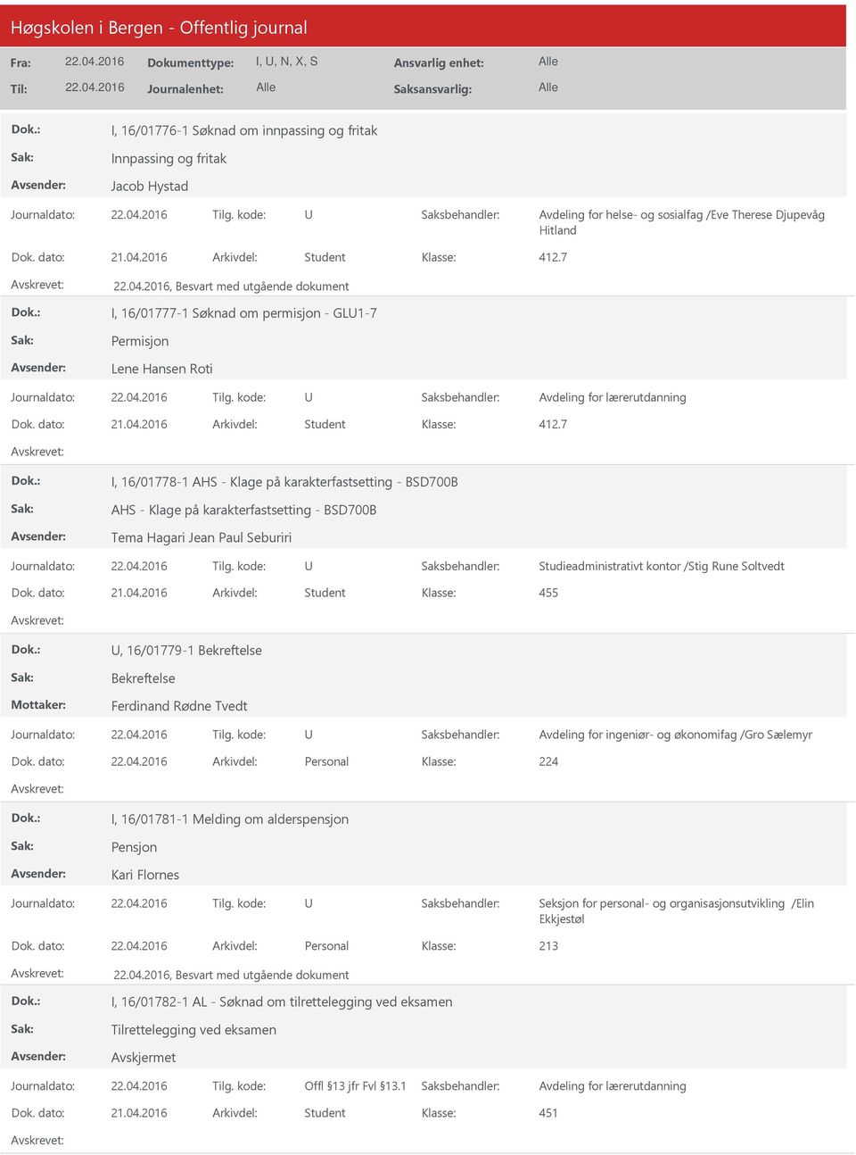 7 I, 16/01778-1 AHS - Klage på karakterfastsetting - BSD700B AHS - Klage på karakterfastsetting - BSD700B Tema Hagari Jean Paul Seburiri Studieadministrativt kontor /Stig Rune Soltvedt 455,