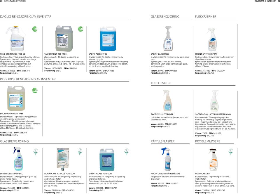 Varenr. 7520193 / EPD 2988756 Forpakning 1x1,5 L Bruksområde: Til daglig rengjøring av interiør. Egenskaper: Nøytralt middel uten farge og parfyme. ph ca. 5,5 kons., 7,5 i bruksløsning. Varenr.