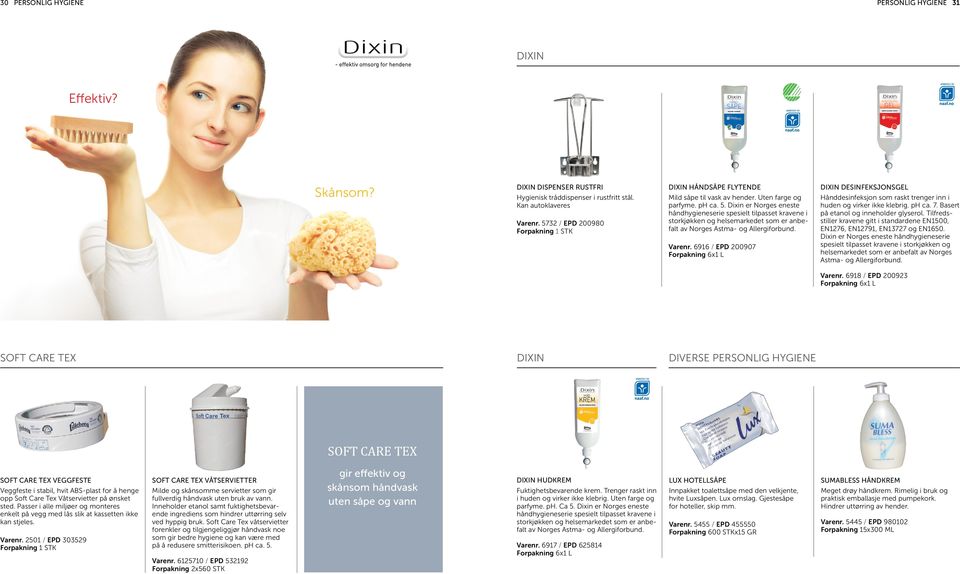 Dixin er Norges eneste håndhygieneserie spesielt tilpasset kravene i storkjøkken og helsemarkedet som er anbefalt av Norges Astma- og Allergiforbund. Varenr.