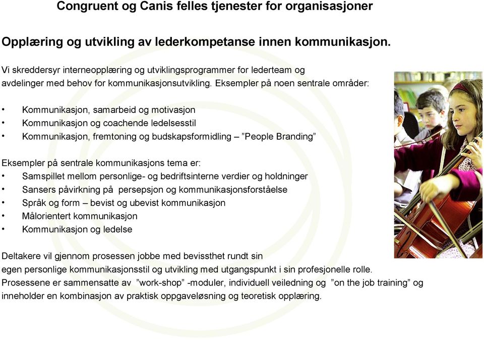 Eksempler på noen sentrale områder: Kommunikasjon, samarbeid og motivasjon Kommunikasjon og coachende ledelsesstil Kommunikasjon, fremtoning og budskapsformidling People Branding Eksempler på