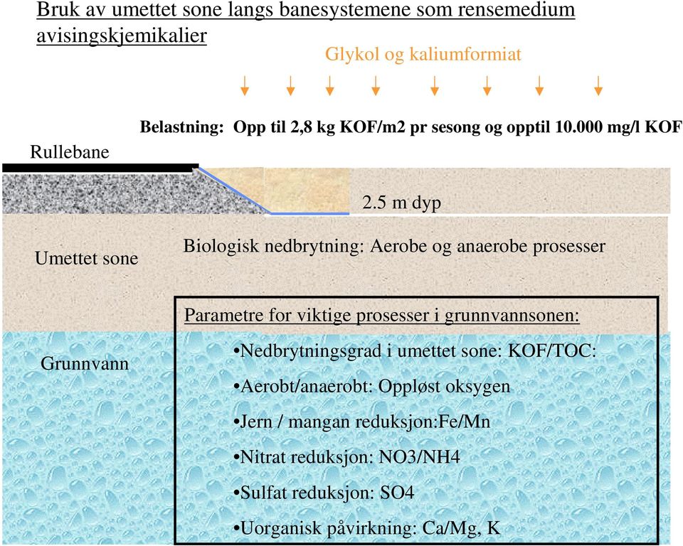 5 m dyp Umettet sone Biologisk nedbrytning: Aerobe og anaerobe prosesser Parametre for viktige prosesser i grunnvannsonen: