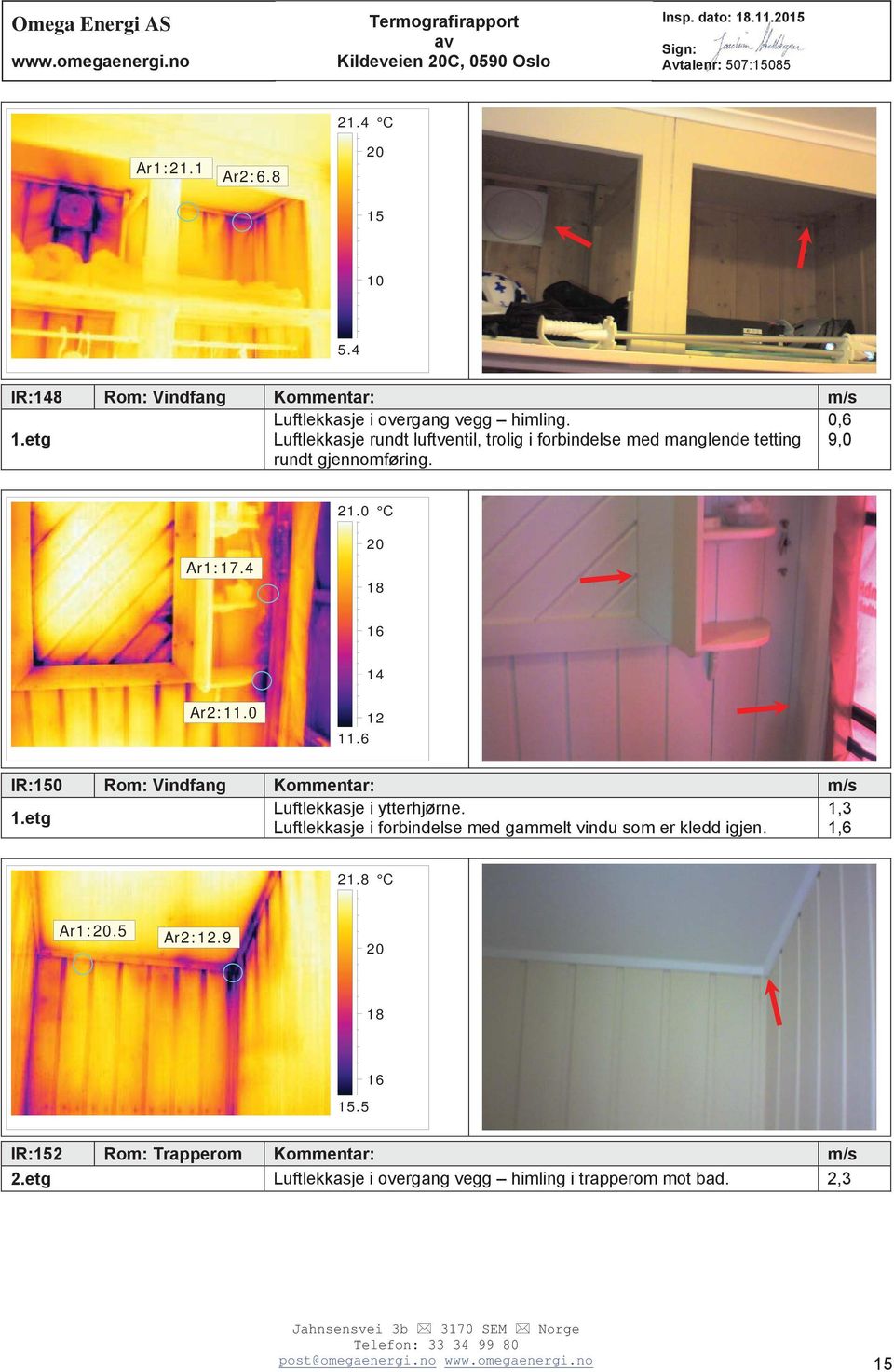 0,6 9,0 21.0 C Ar1:17.4 Ar2:11.0 12 11.6 IR:150 Rom: Vindfang Kommentar: m/s Luftlekkasje i ytterhjørne. 1,3 1.