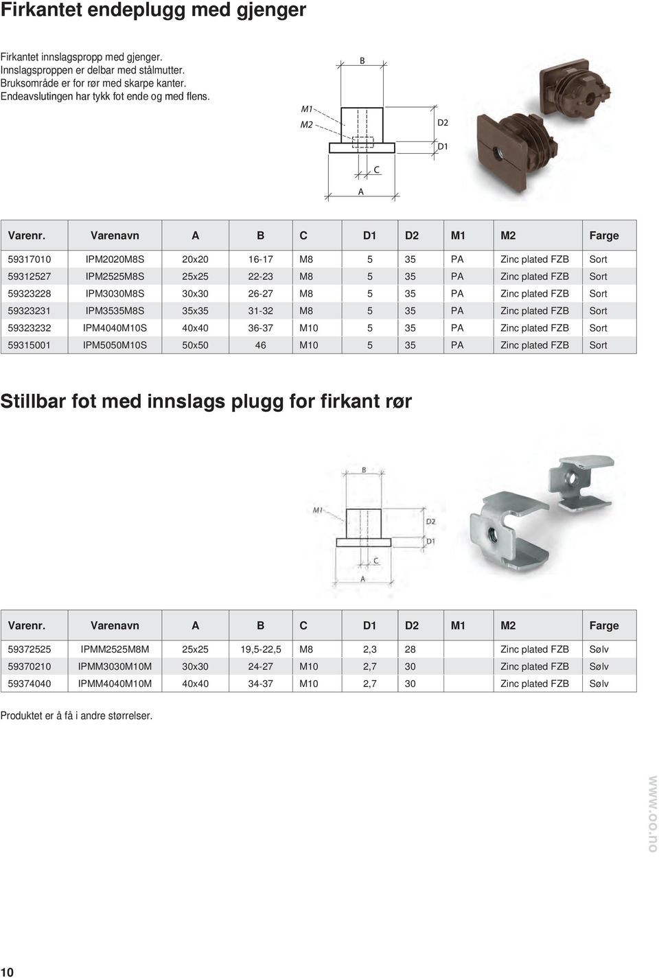 Varenavn A B C D1 D2 M1 M2 Farge 59317010 IPM2020M8S 20x20 16-17 M8 5 35 PA Zinc plated FZB Sort 59312527 IPM2525M8S 25x25 22-23 M8 5 35 PA Zinc plated FZB Sort 59323228 IPM3030M8S 30x30 26-27 M8 5