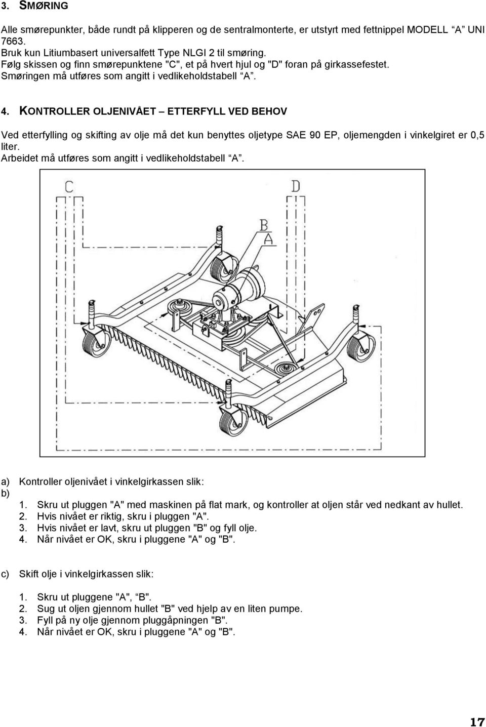 KONTROLLER OLJENIVÅET ETTERFYLL VED BEHOV Ved etterfylling og skifting av olje må det kun benyttes oljetype SAE 90 EP, oljemengden i vinkelgiret er 0,5 liter.