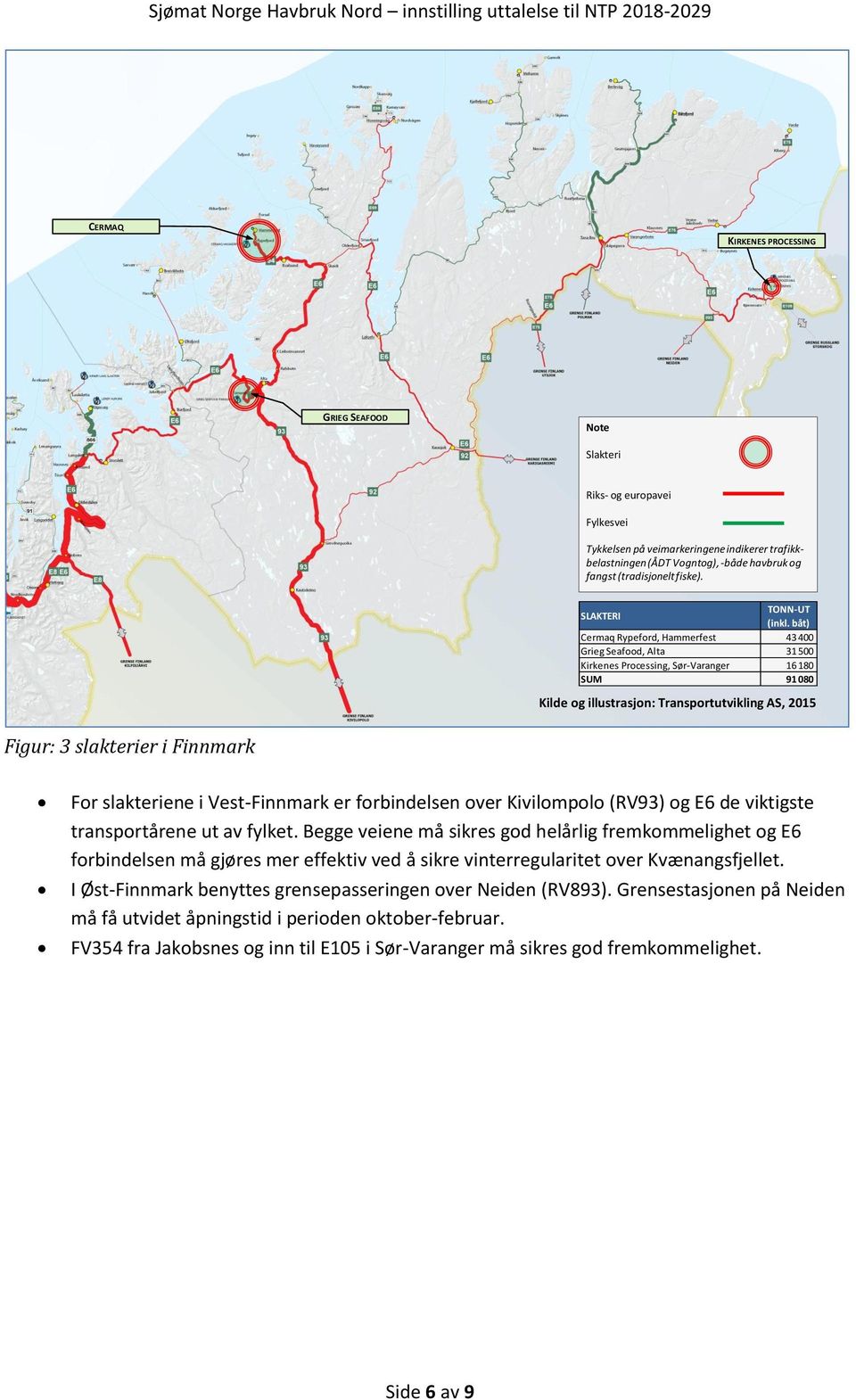 båt) Cermaq Rypefrd, Hammerfest 43 400 Grieg Seafd, Alta 31 500 Kirkenes Prcessing, Sør-Varanger 16 180 SUM 91 080 Kilde g illustrasjn: Transprtutvikling AS, 2015 Figur: 3 slakterier i Finnmark Fr