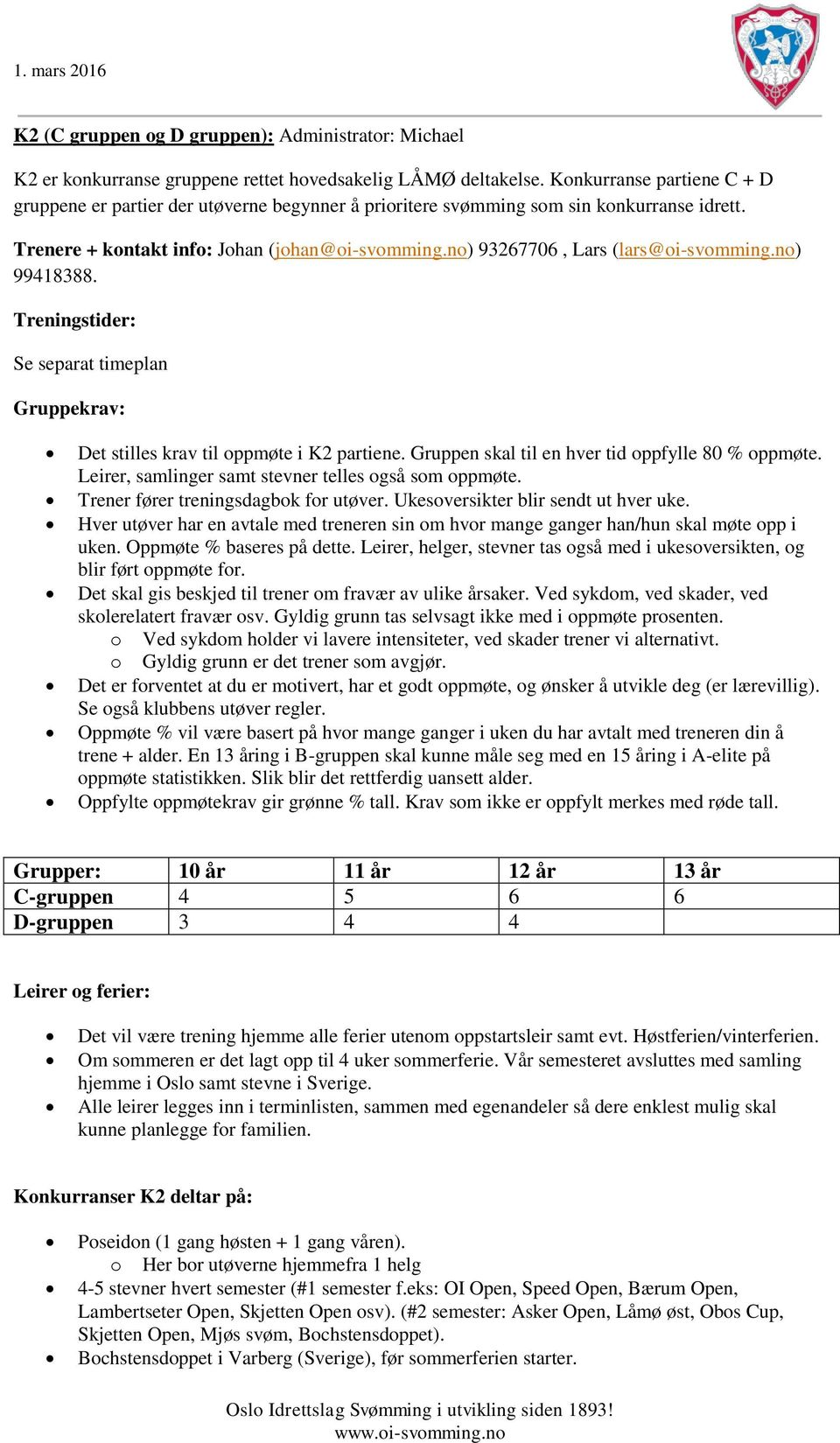 no) 93267706, Lars (lars@oi-svomming.no) 99418388. Se separat timeplan Det stilles krav til oppmøte i K2 partiene. Gruppen skal til en hver tid oppfylle 80 % oppmøte.