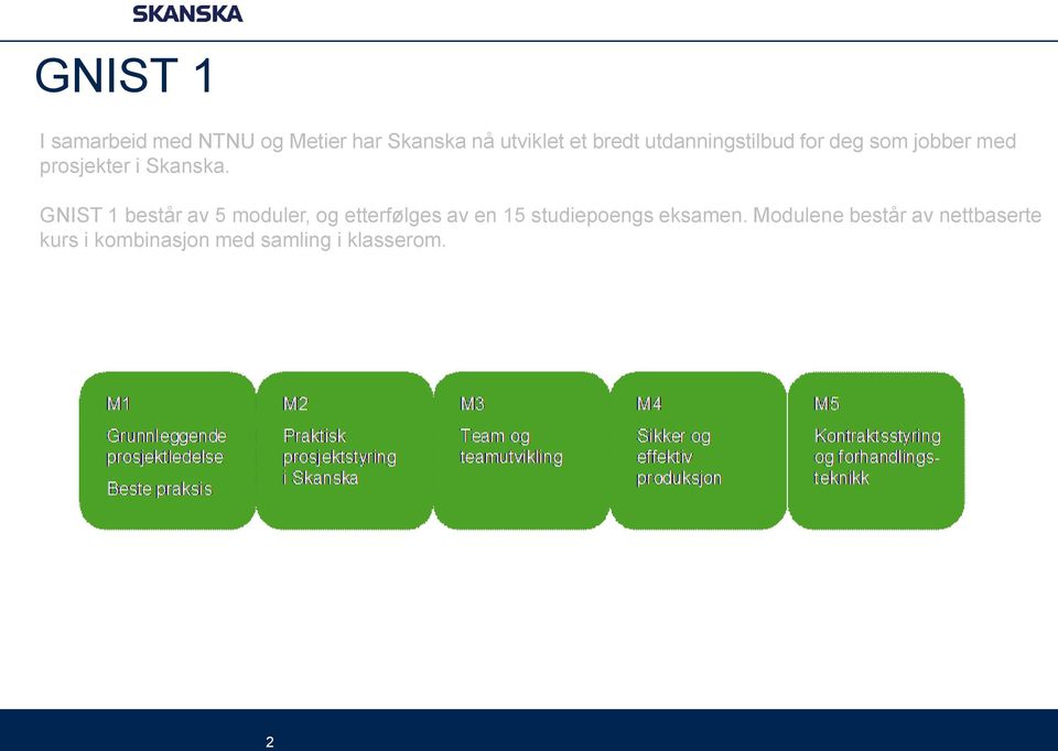 GNIST 1 består av 5 moduler, og etterfølges av en 15 studiepoengs