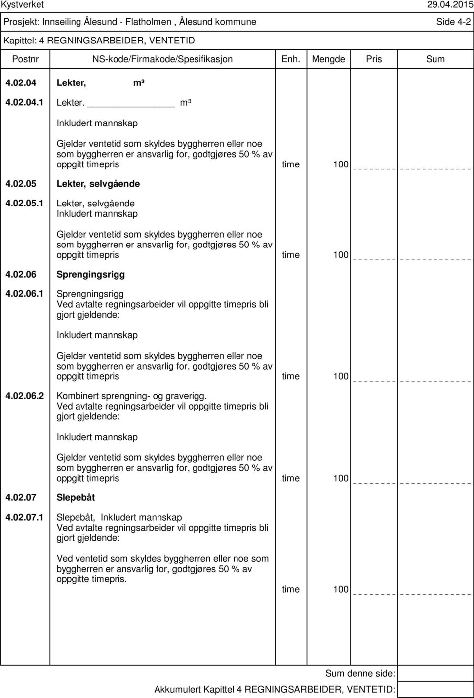 Lekter, selvgående 4.02.05.1 Lekter, selvgående Inkludert mannskap Gjelder ventetid som skyldes byggherren eller noe som byggherren er ansvarlig for, godtgjøres 50 % av oppgitt timepris time 100 4.02.06 Sprengingsrigg 4.