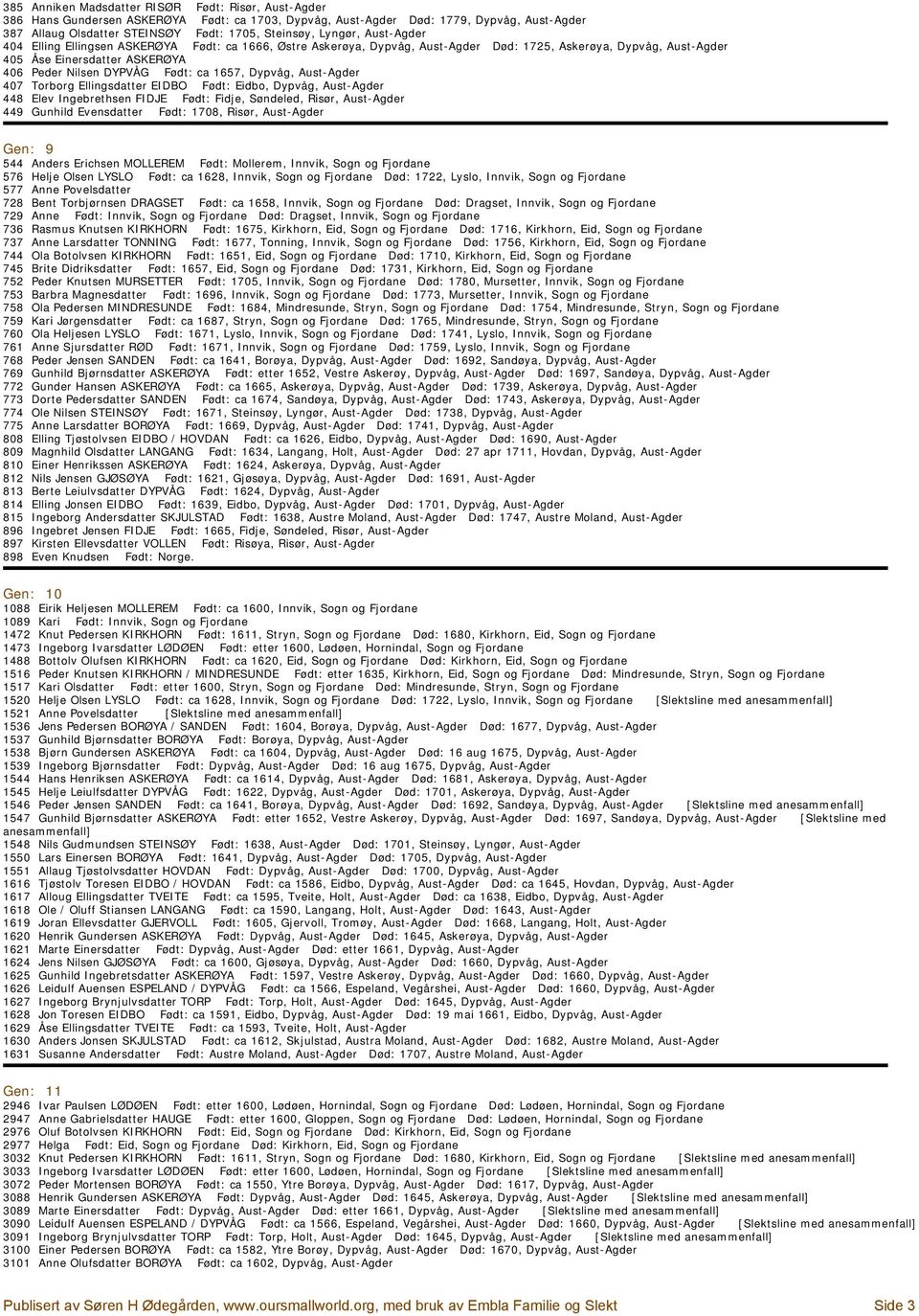 ca 1657, Dypvåg, Aust-Agder 407 Torborg Ellingsdatter EIDBO Født: Eidbo, Dypvåg, Aust-Agder 448 Elev Ingebrethsen FIDJE Født: Fidje, Søndeled, Risør, Aust-Agder 449 Gunhild Evensdatter Født: 1708,