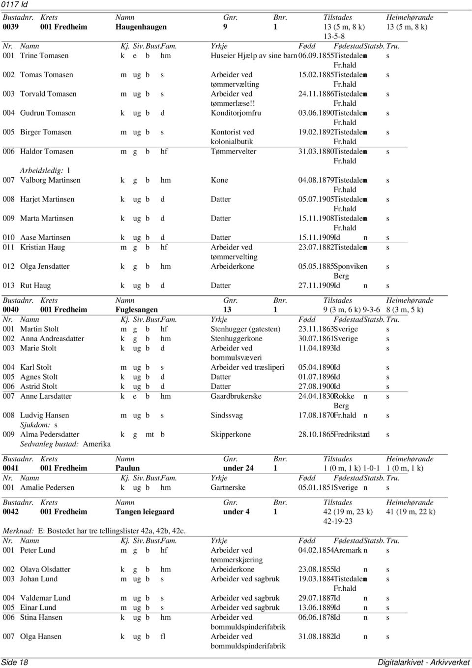 06.1890Tistedalenn s Fr.hald 005 Birger Tomasen m ug b s Kontorist ved 19.02.1892Tistedalenn s kolonialbutik Fr.hald 006 Haldor Tomasen m g b hf Tømmervelter 31.03.1880Tistedalenn s Fr.