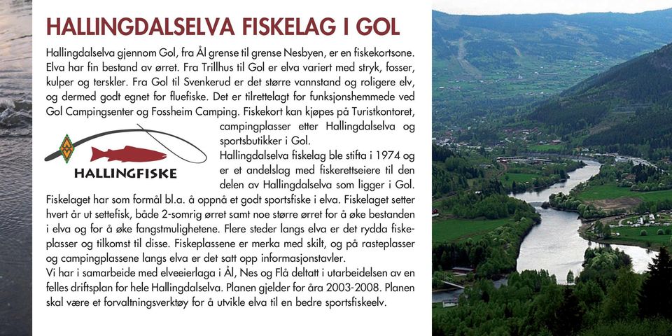 Det er tilrettelagt for funksjonshemmede ved Gol Campingsenter og Fossheim Camping. Fiskekort kan kjøpes på Turistkontoret, campingplasser etter Hallingdalselva og sportsbutikker i Gol.