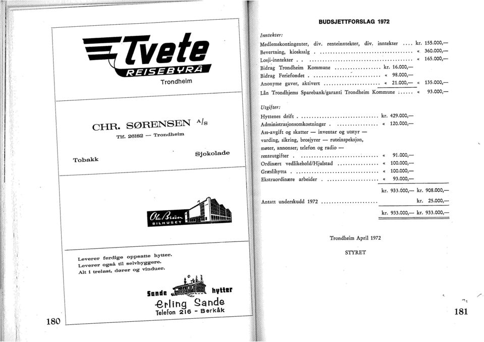 26182 Trondheim Sjokolade Tobakk Utgifter: Hyttenes drift kr. 429.000, Administrasjonsomkostninger 120.