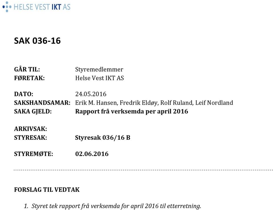 Hansen, Fredrik Eldøy, Rolf Ruland, Leif Nordland SAKA GJELD: Rapport frå verksemda
