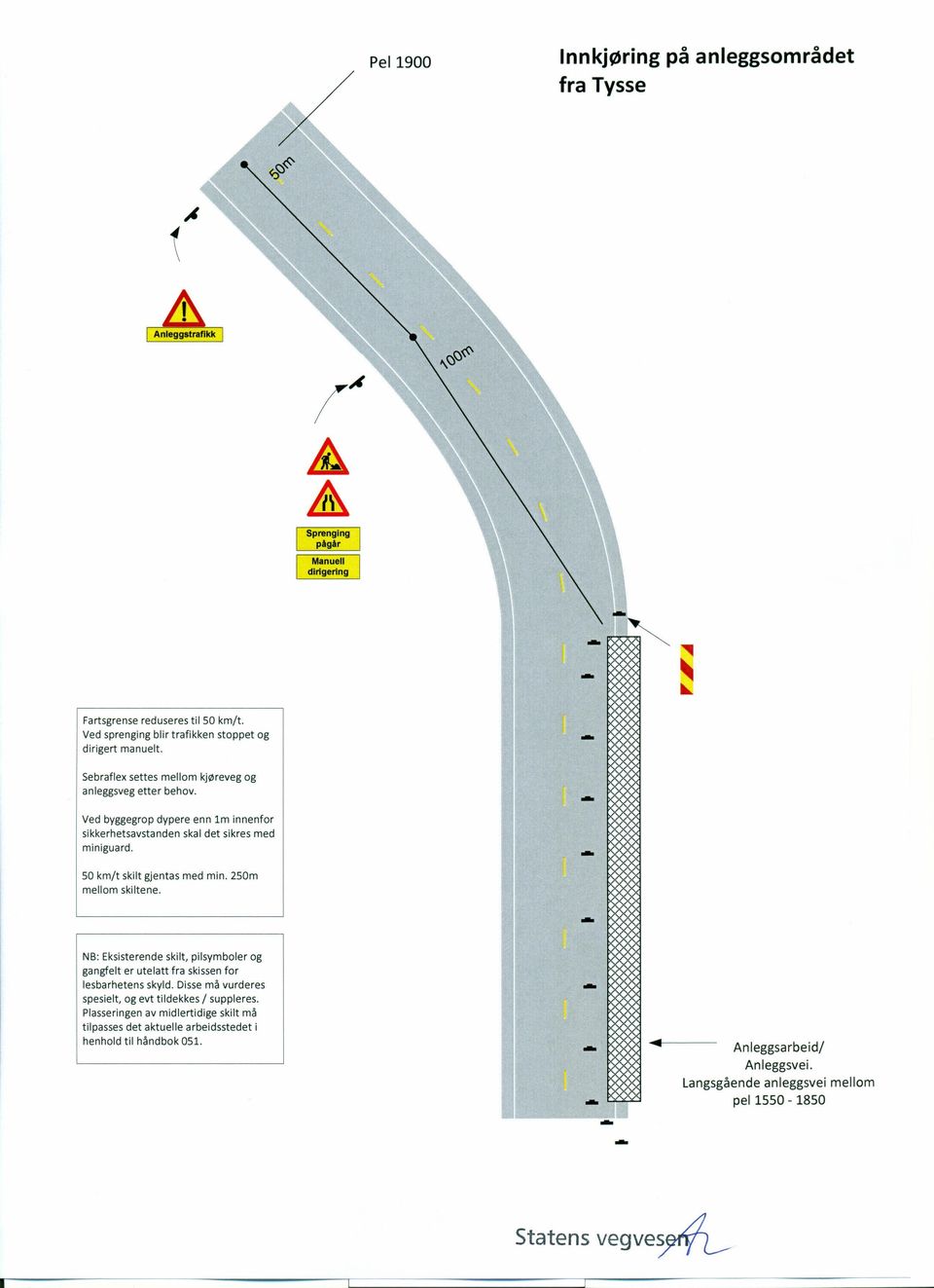 5 km/t skilt gjentas med min. 25m mellom skiltene. NB: Eksisterende skilt, pilsymboler og gangfelt er utelatt fra skissen for lesbarhetens skyld.