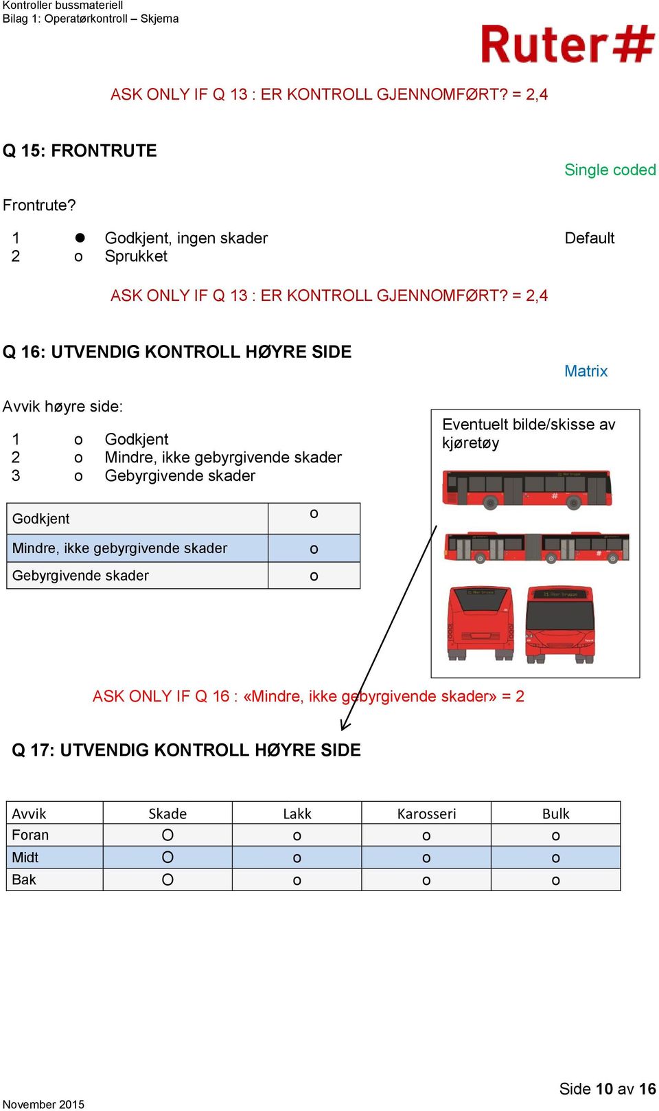 = 2,4 Q 16: UTVENDIG KONTROLL HØYRE SIDE Avvik høyre side: 1 o Godkjent 2 o Mindre, ikke gebyrgivende skader 3 o Gebyrgivende skader Matrix