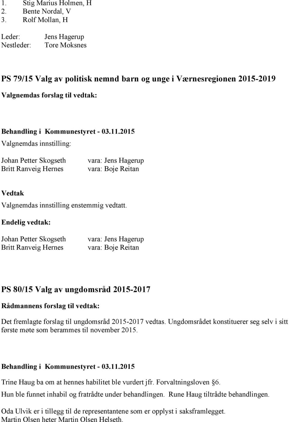 Boje Reitan Johan Petter Skogseth Britt Ranveig Hernes vara: Jens Hagerup vara: Boje Reitan PS 80/15 Valg av ungdomsråd 2015-2017 Rådmannens forslag til vedtak: Det fremlagte forslag til ungdomsråd