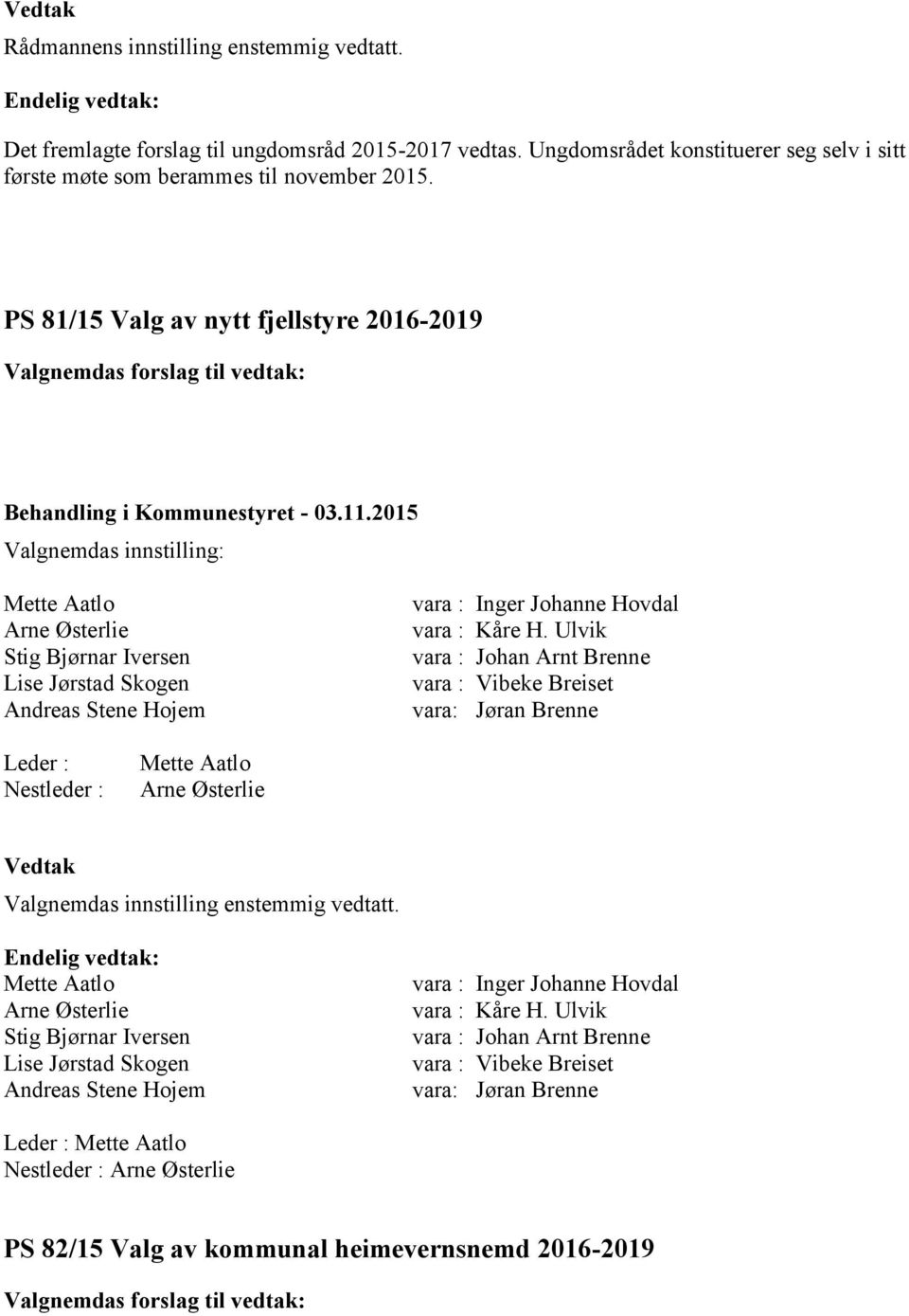 Ulvik vara : Johan Arnt Brenne vara : Vibeke Breiset vara: Jøran Brenne Leder : Nestleder : Mette Aatlo Arne Østerlie Mette Aatlo Arne Østerlie Stig Bjørnar Iversen Lise Jørstad Skogen Andreas