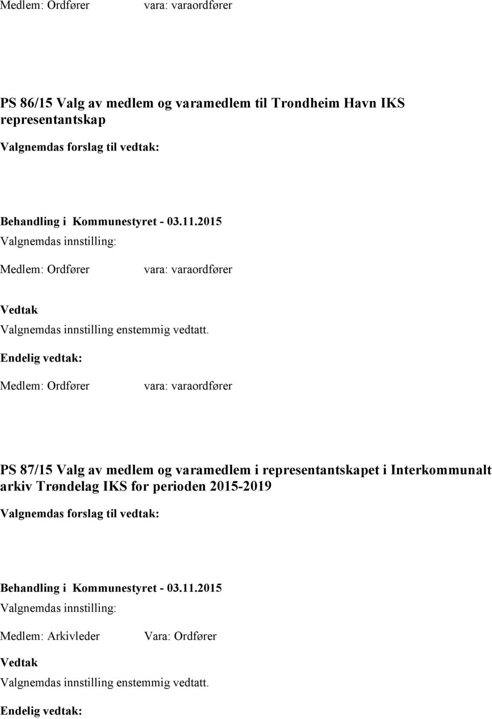 Ordfører vara: varaordfører PS 87/15 Valg av medlem og varamedlem i