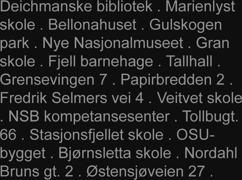 Papirbredden 2. Fredrik Selmers vei 4. Veitvet skole. NSB kompetansesenter.